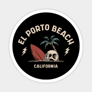 Vintage Surfing El Porto Beach California // Retro Surf Skull Magnet